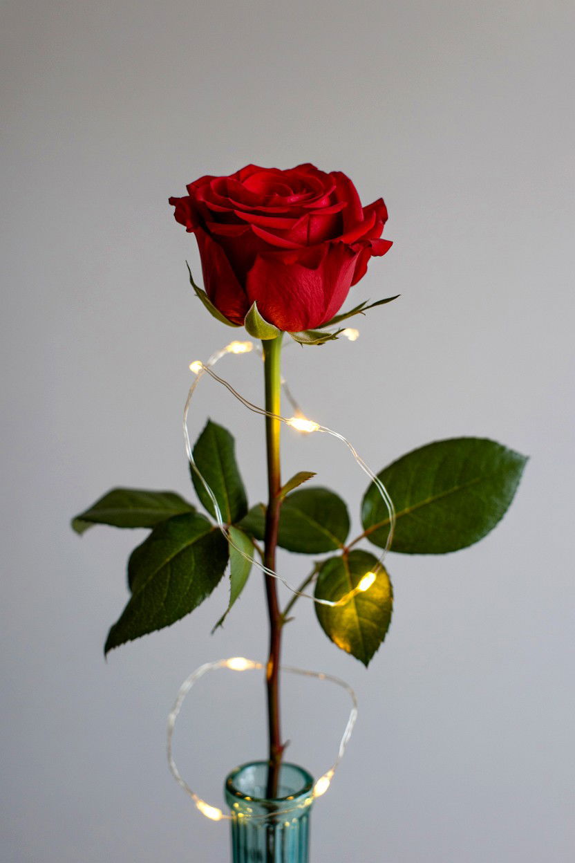 Single Rose Fairy Lights - 25 Valentine's Day Single Rose Ideas