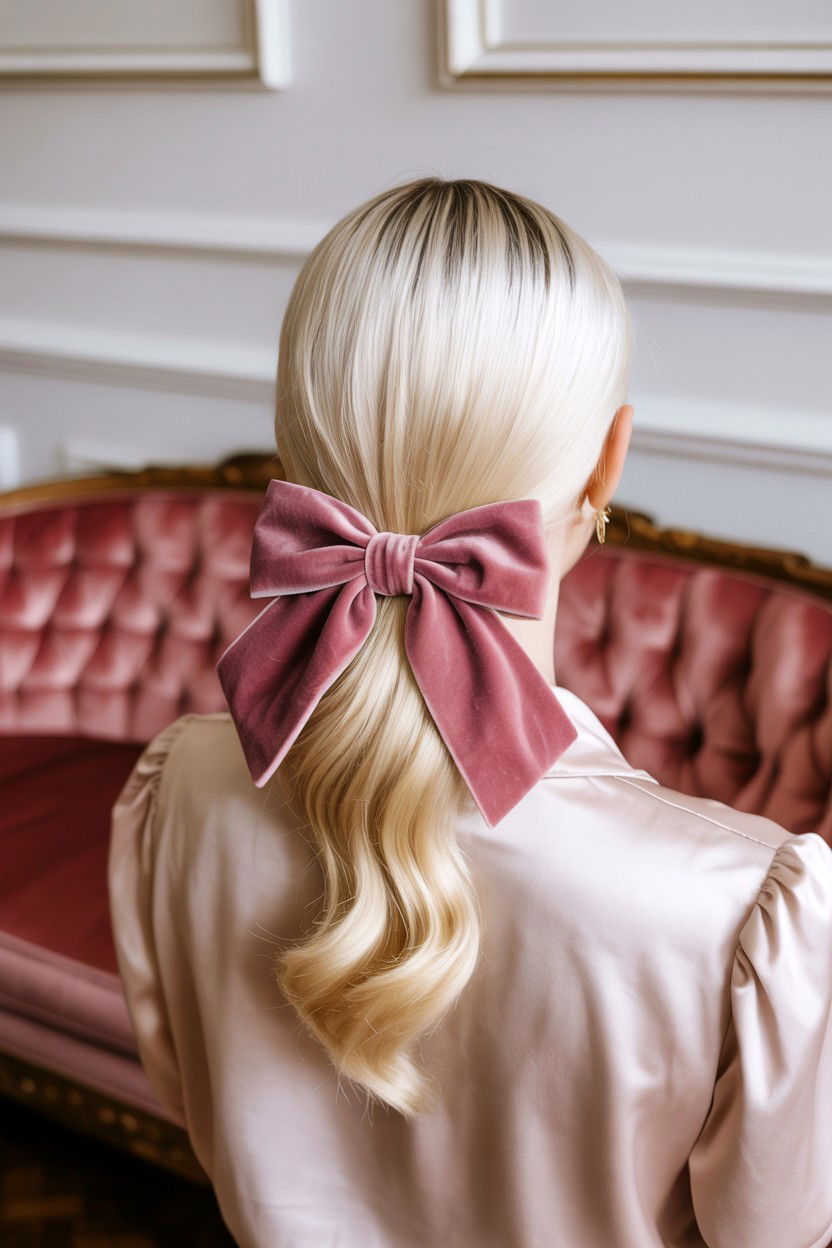 Sleek Ponytail With Velvet Bow - 25 Valentine's Day Sleek Ponytail Ideas