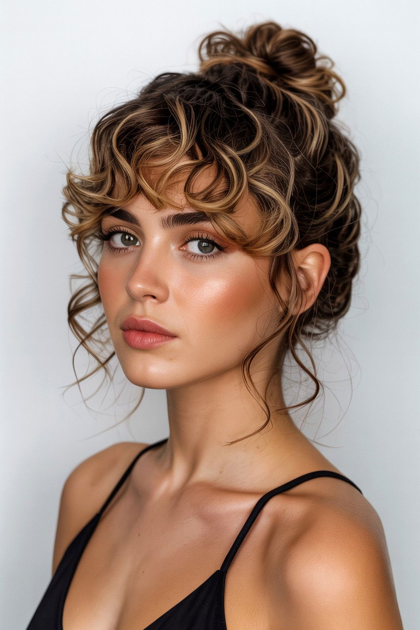 Sleek top knot with curly fringe - 25 Valentine's Day Curly Hair Ideas