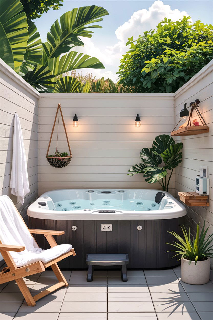 Small plug and play hot tub zone - 30 backyard hot tub ideas