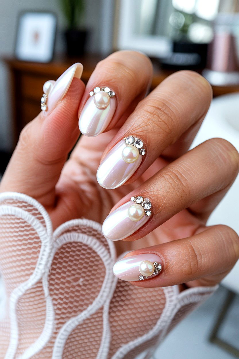 Soft White Pearl And Rhinestone Nails - 25 Rhinestone Valentine's Day Nail Ideas