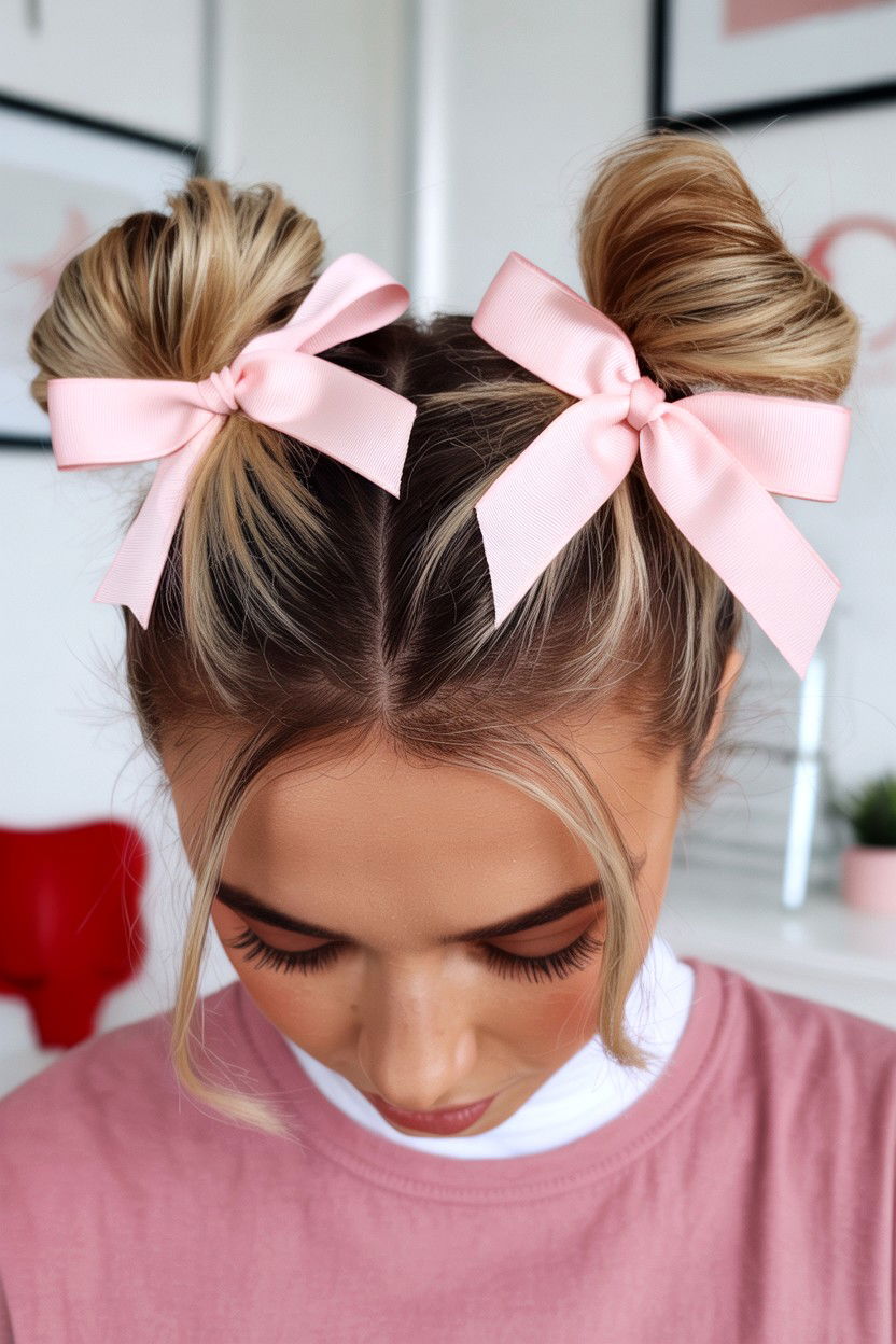 Space Buns With Ribbons - 25 Valentine's Day Bow Hairstyle Ideas