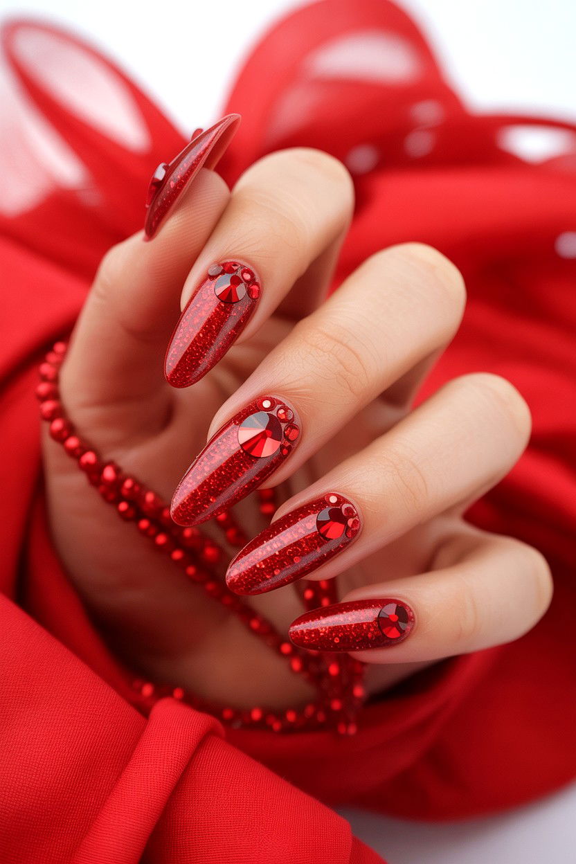 Sparkly Red Glitter Nails With Rhinestones - 25 Rhinestone Valentine's Day Nail Ideas
