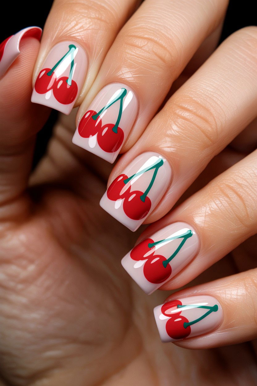 Square Cherry Nails - 25 Cherry Valentine's Day Nail Ideas