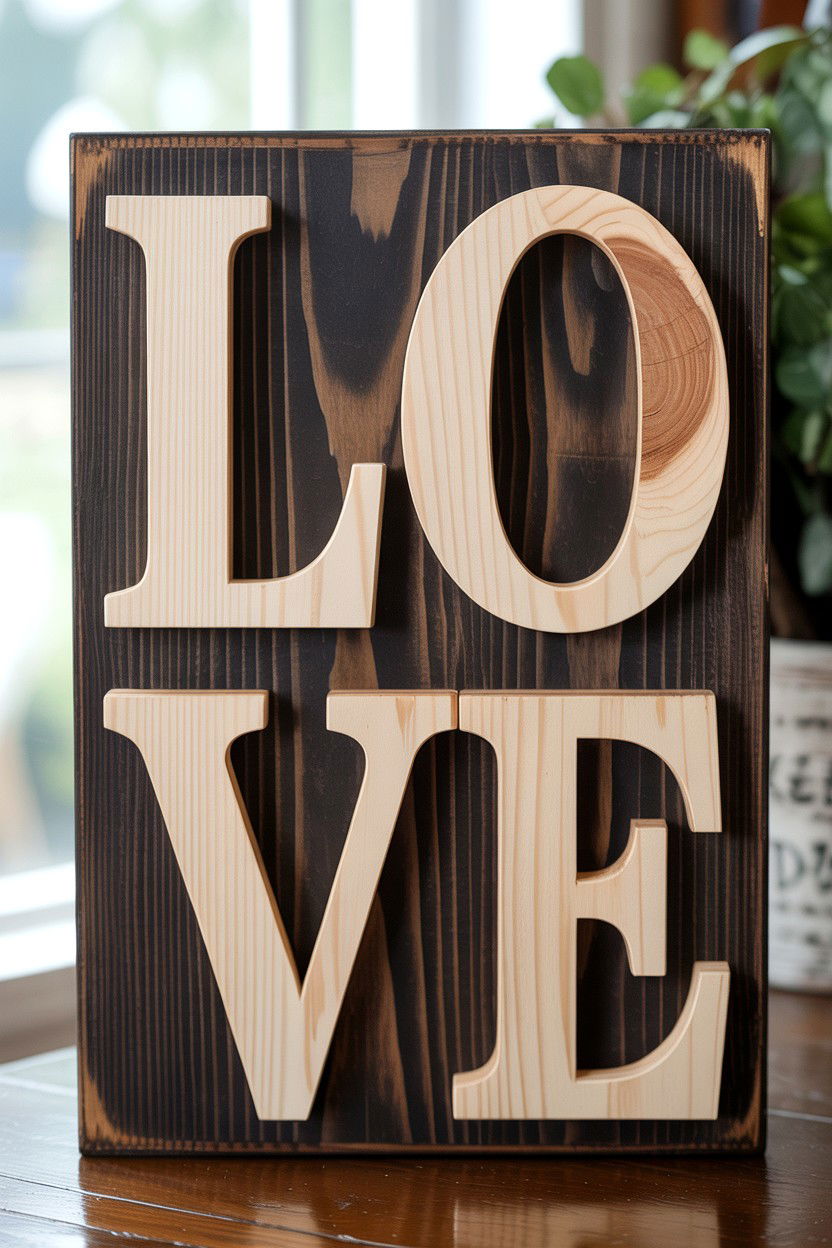 Stained Wood Love Sign - 25 Valentine's Day Wood Sign Ideas