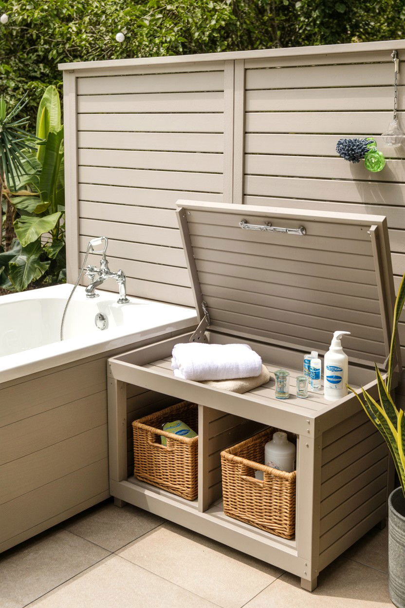 Storage bench by the hot tub - 30 backyard hot tub ideas
