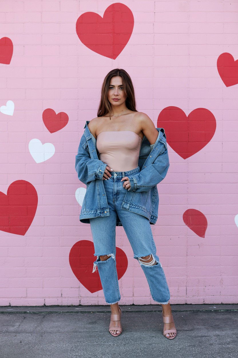 Strapless Bodysuit With Oversized Jacket - 25 Valentine's Day Bodysuit Outfits