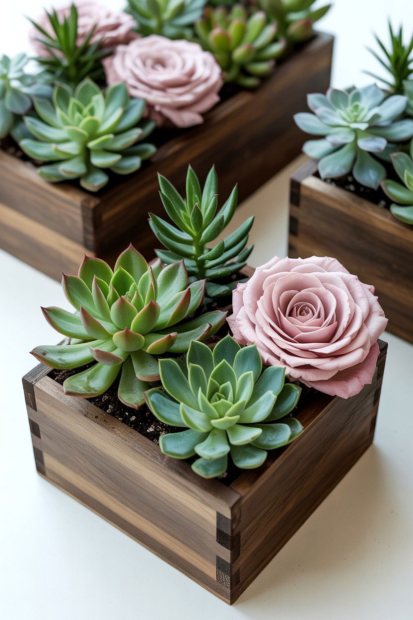 Succulent And Rose Box - 25 Valentine's Day Flower Arrangement Ideas