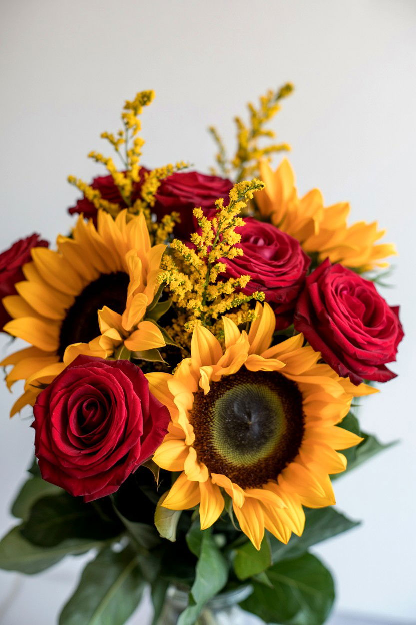 Sunflower And Red Rose Mix - 25 Valentine's Day Mixed Bouquet Ideas
