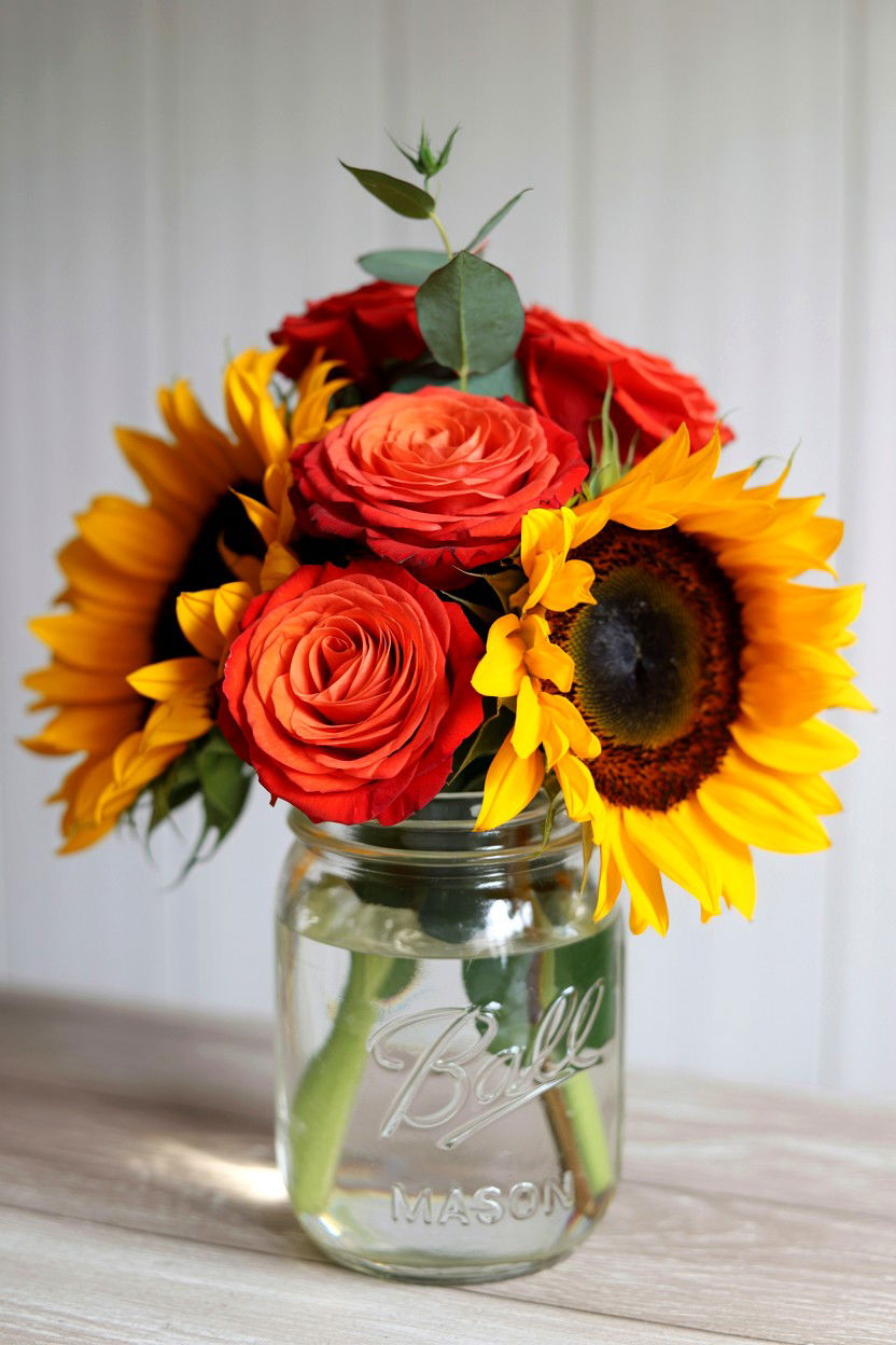 Sunflower And Red Rose Mix - 25 Valentine's Day Flower Arrangement Ideas
