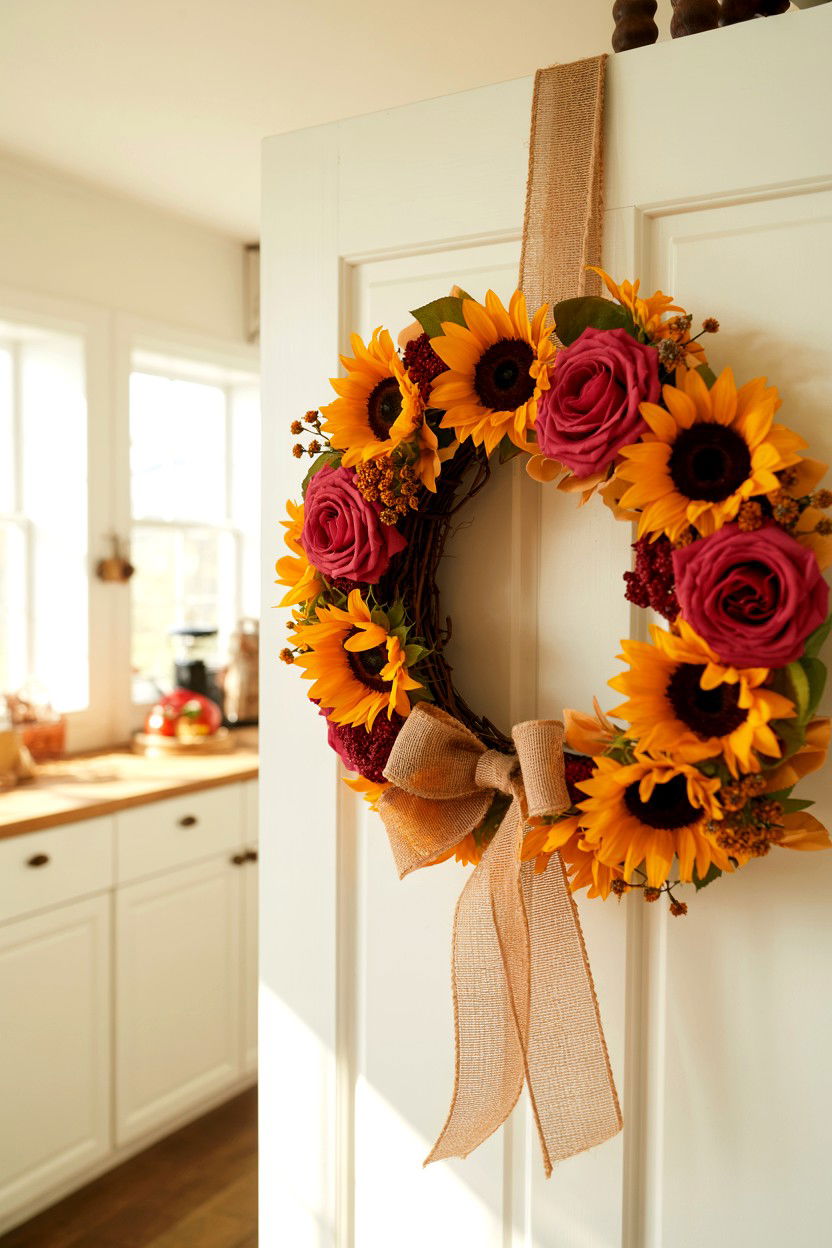 Sunflower and red rose wreath - 25 Flower Valentine's Day Wreath Ideas