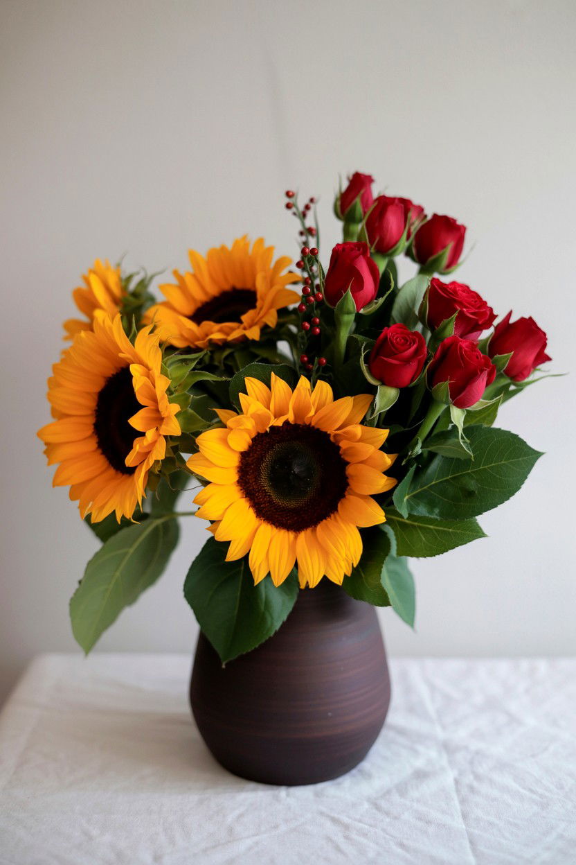 Sunflowers With Red Accents - 25 Valentine's Day Flower Display Ideas