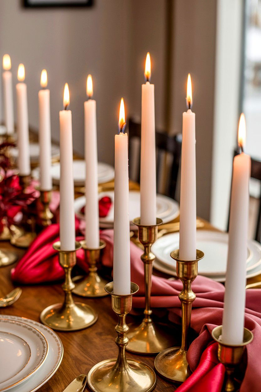 Taper candles in brass holders - 25 Elegant Valentine's Day Table Ideas
