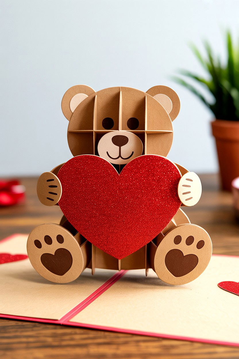 Teddy Bear With Heart - 25 Pop Up Valentine's Day Card Ideas