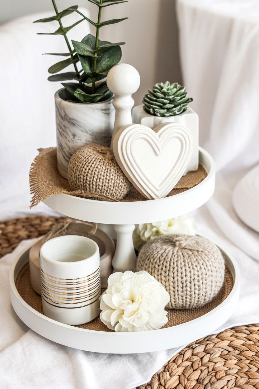 Textured Neutral Valentine Decor - 25 Neutral Valentine's Day Tiered Tray Ideas
