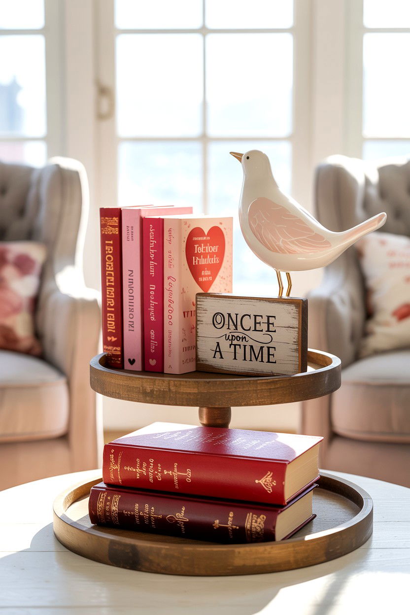 Tiered Tray With Valentine Books - 25 Cute Valentine's Day Tiered Tray Ideas