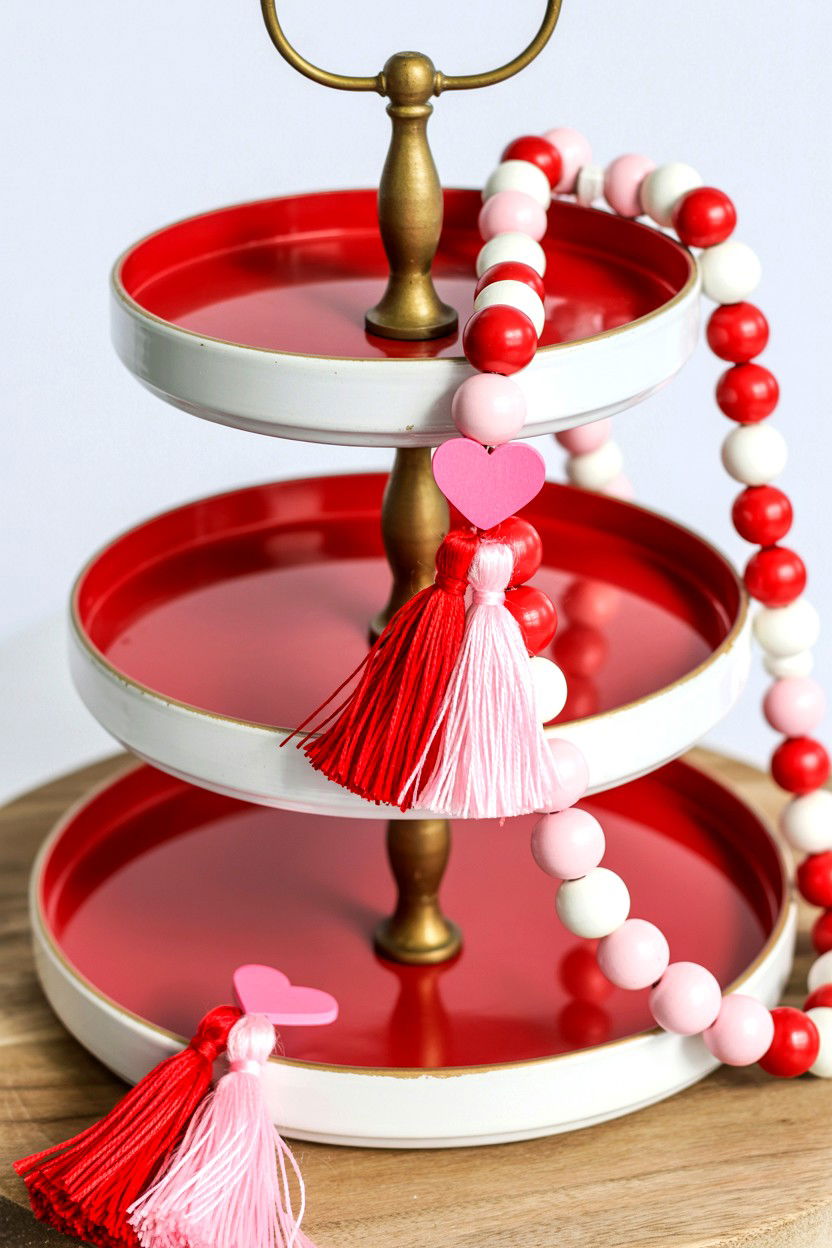 Tiered Tray Wood Bead Garland Valentine - 25 Valentine's Day Coffee Bar Tiered Tray Ideas