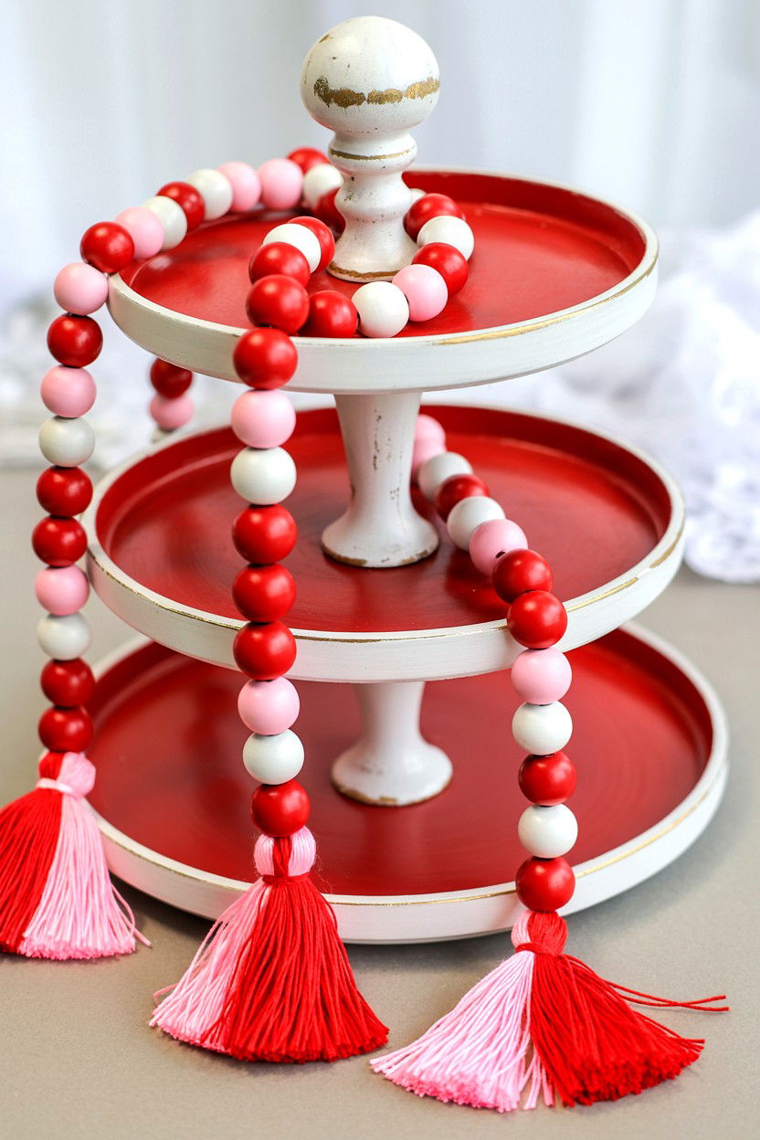 Tiered Tray Wood Beads - 25 Valentine's Day Tiered Tray Decor Ideas