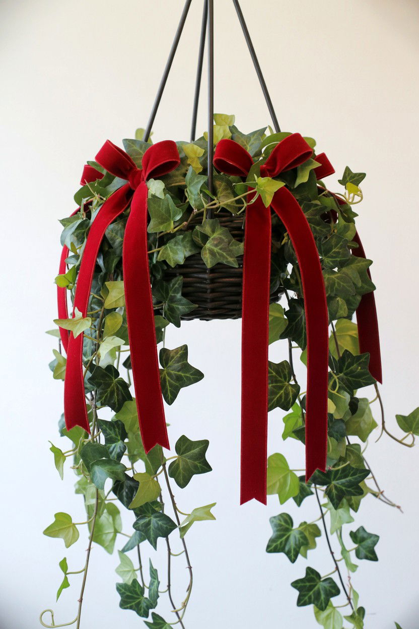 Trailing Ivy With Red Bows - 25 Valentine's Day Hanging Basket Ideas