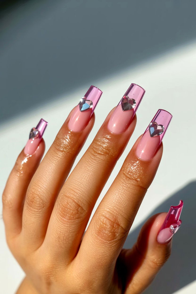 Transparent Heart Nails With Crystals - 25 Rhinestone Valentine's Day Nail Ideas