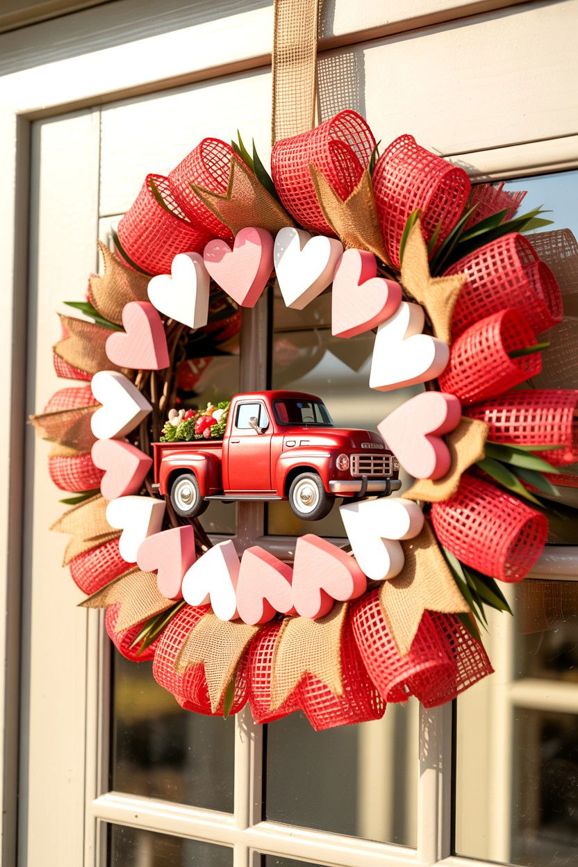 Truck With Hearts Wreath - 25 Deco Mesh Valentine's Day Wreath Ideas