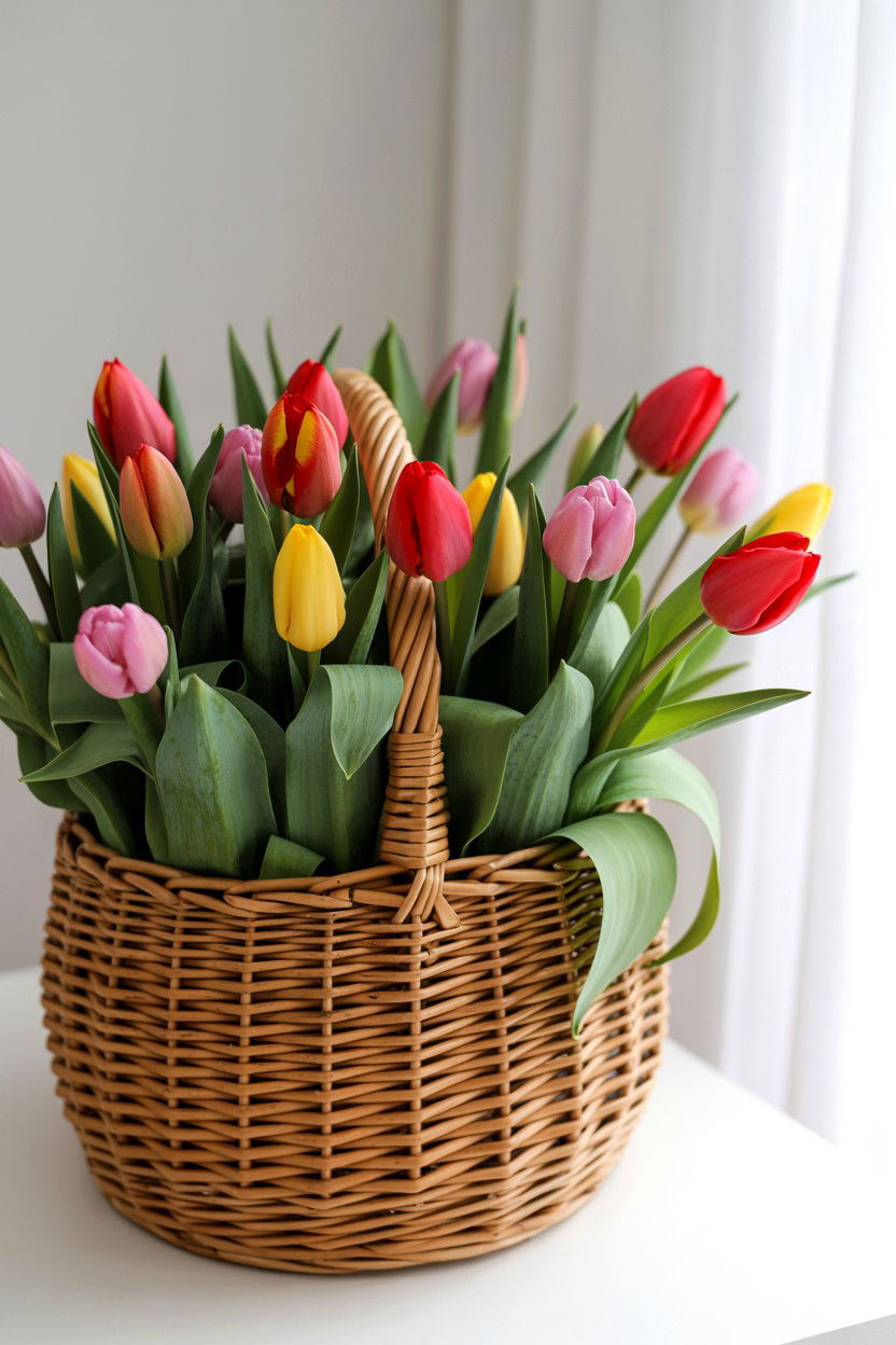 Tulip Flower Basket - 25 Valentine's Day Flower Arrangement Ideas