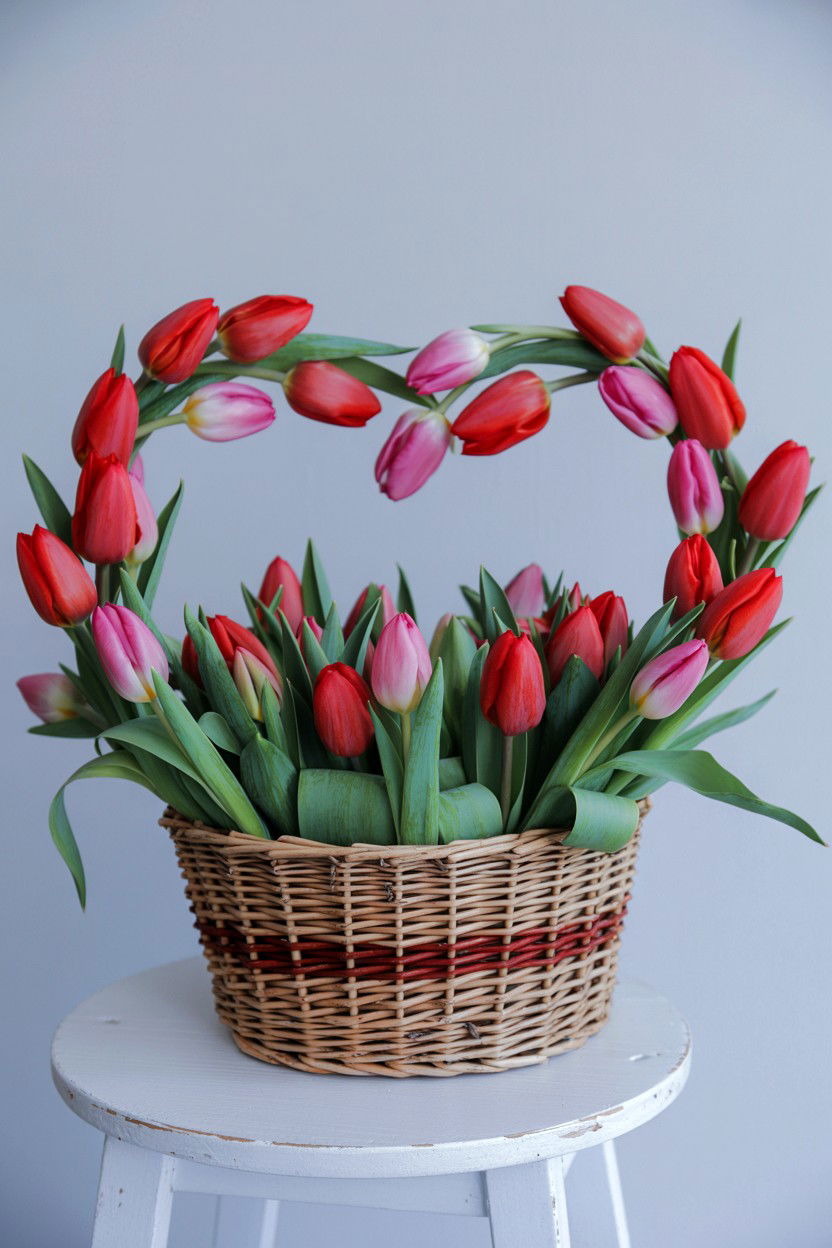 Tulip Heart Basket - 25 Valentine's Day Flower Heart Ideas