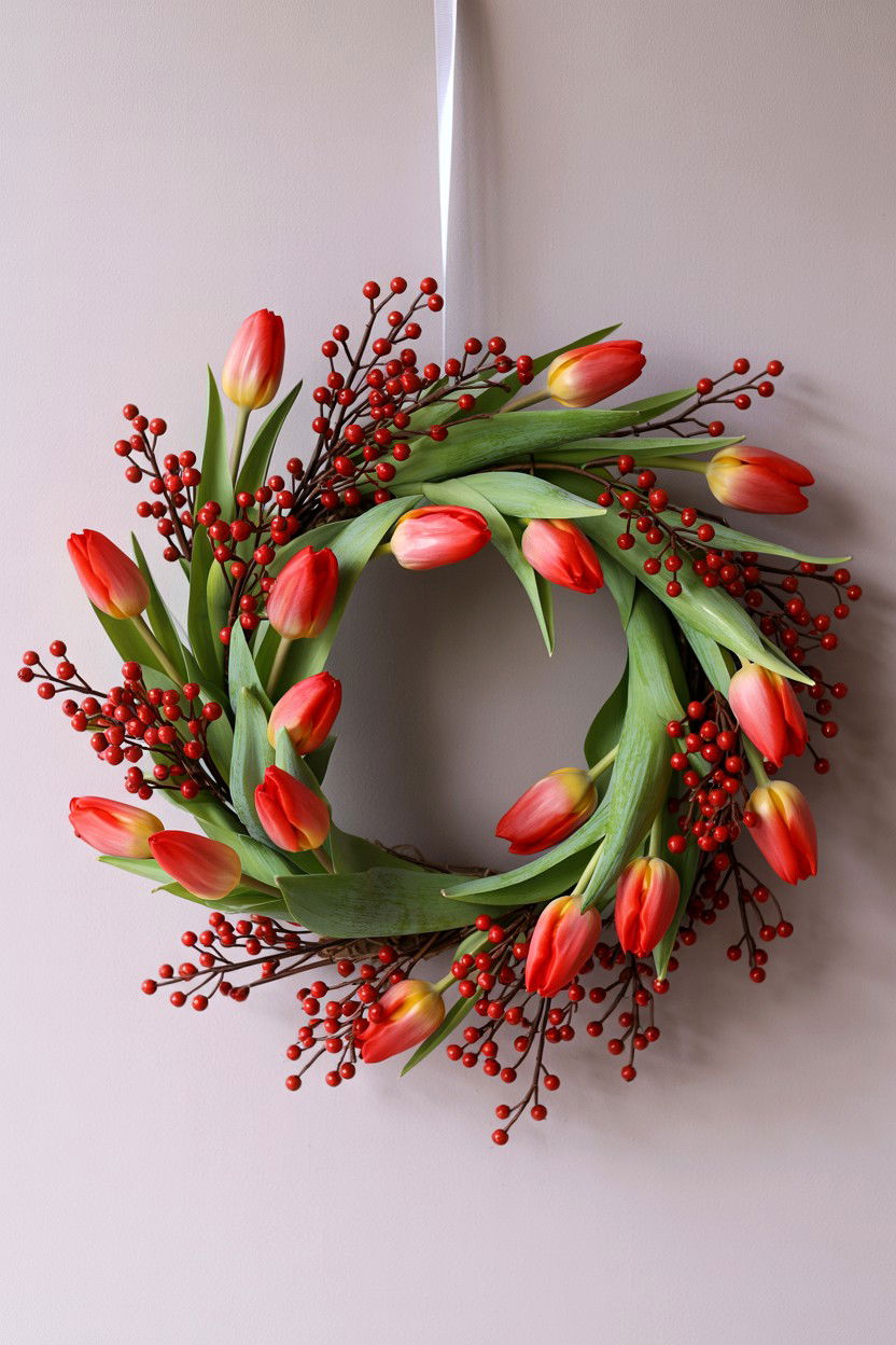 Tulip Wreath With Berries - 25 Tulip Valentine's Day Wreath Ideas