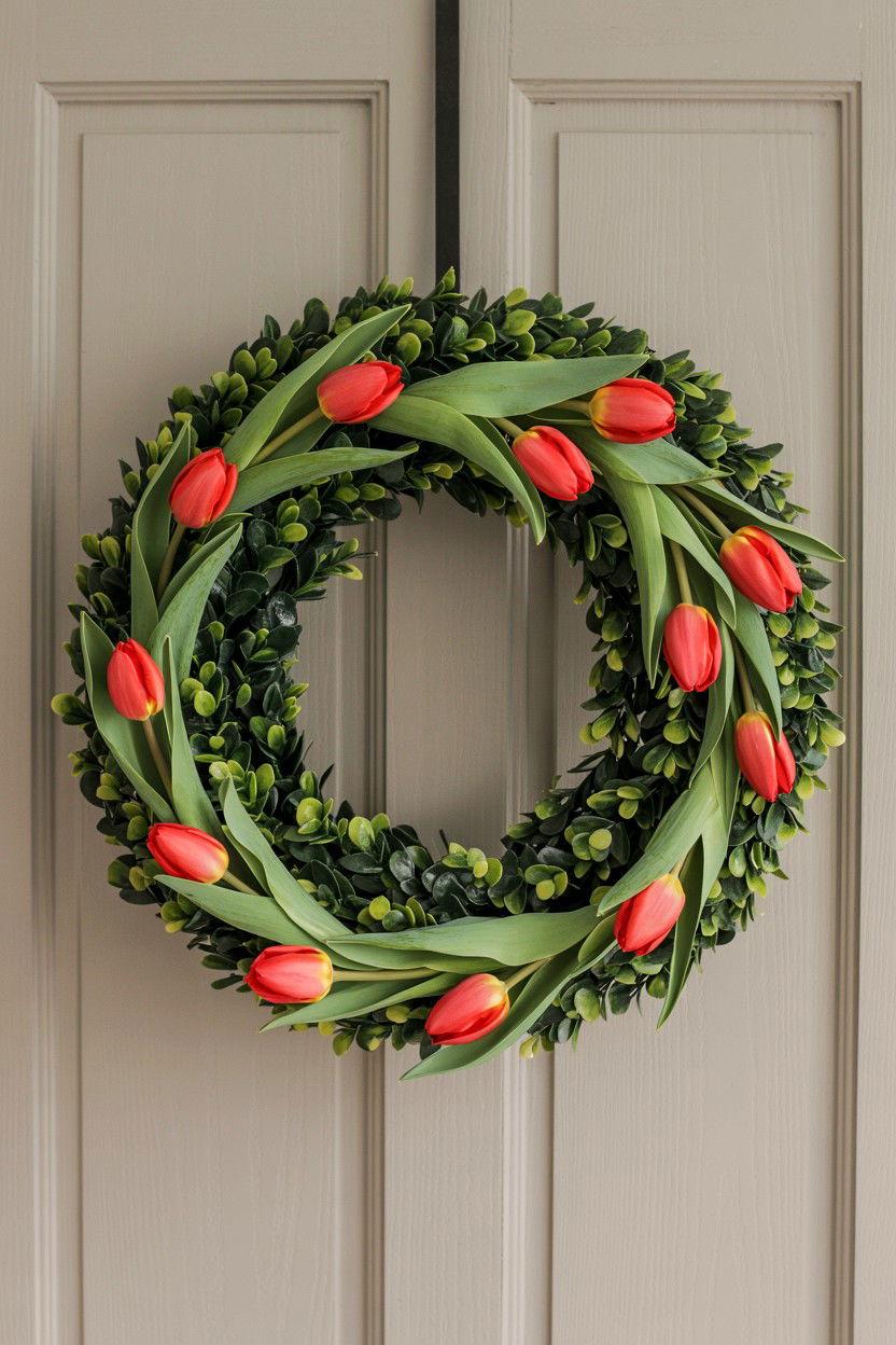 Tulip Wreath With Boxwood - 25 Tulip Valentine's Day Wreath Ideas