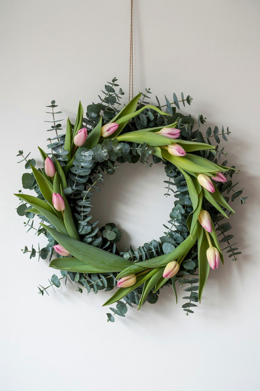 Tulip Wreath With Eucalyptus - 25 Tulip Valentine's Day Wreath Ideas