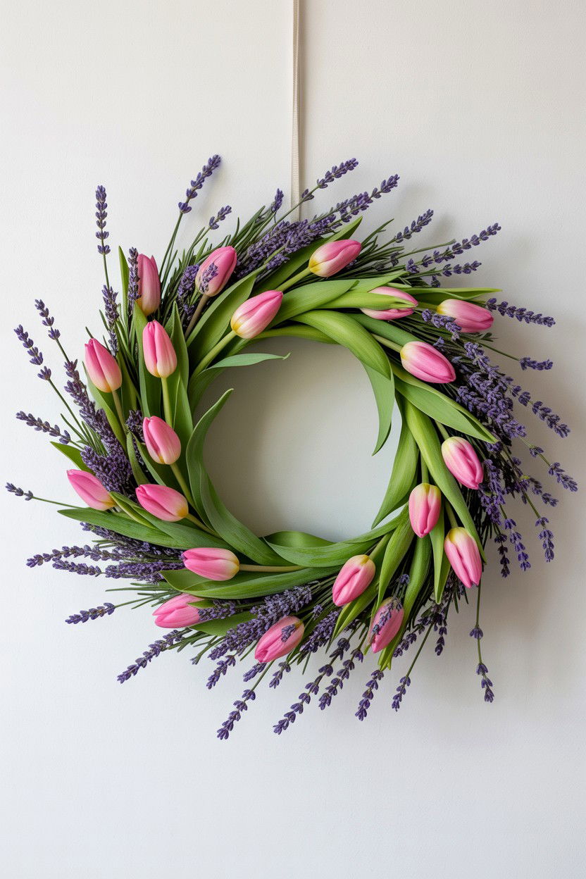Tulip Wreath With Lavender - 25 Tulip Valentine's Day Wreath Ideas