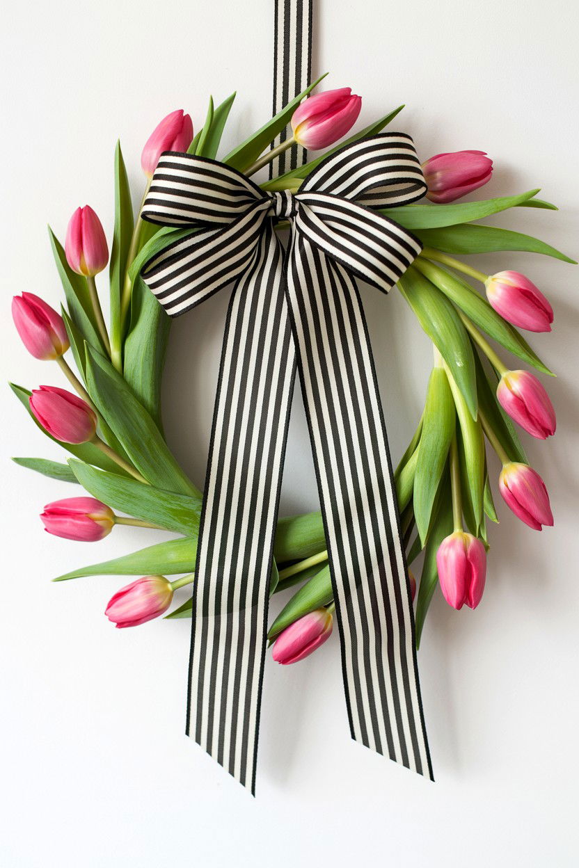 Tulip Wreath With Striped Bow - 25 Tulip Valentine's Day Wreath Ideas