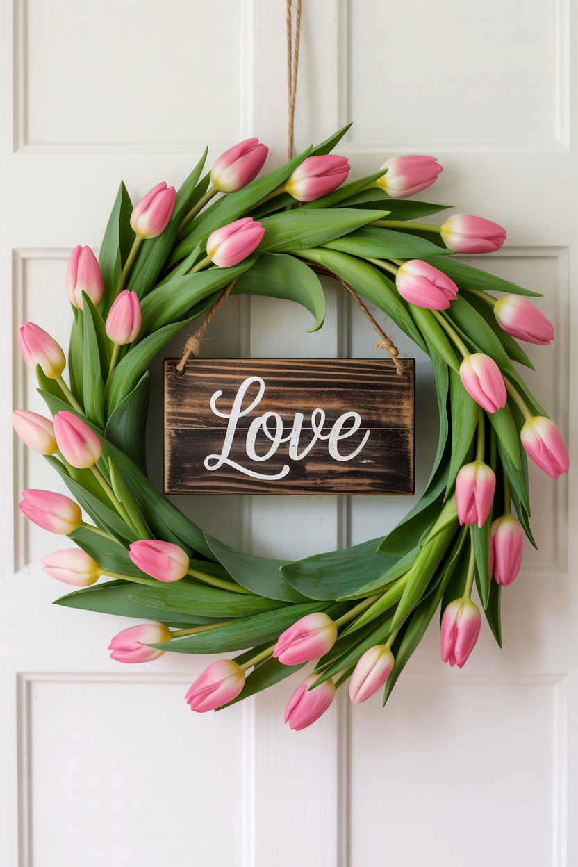 Tulip Wreath With Wooden Sign - 25 Tulip Valentine's Day Wreath Ideas