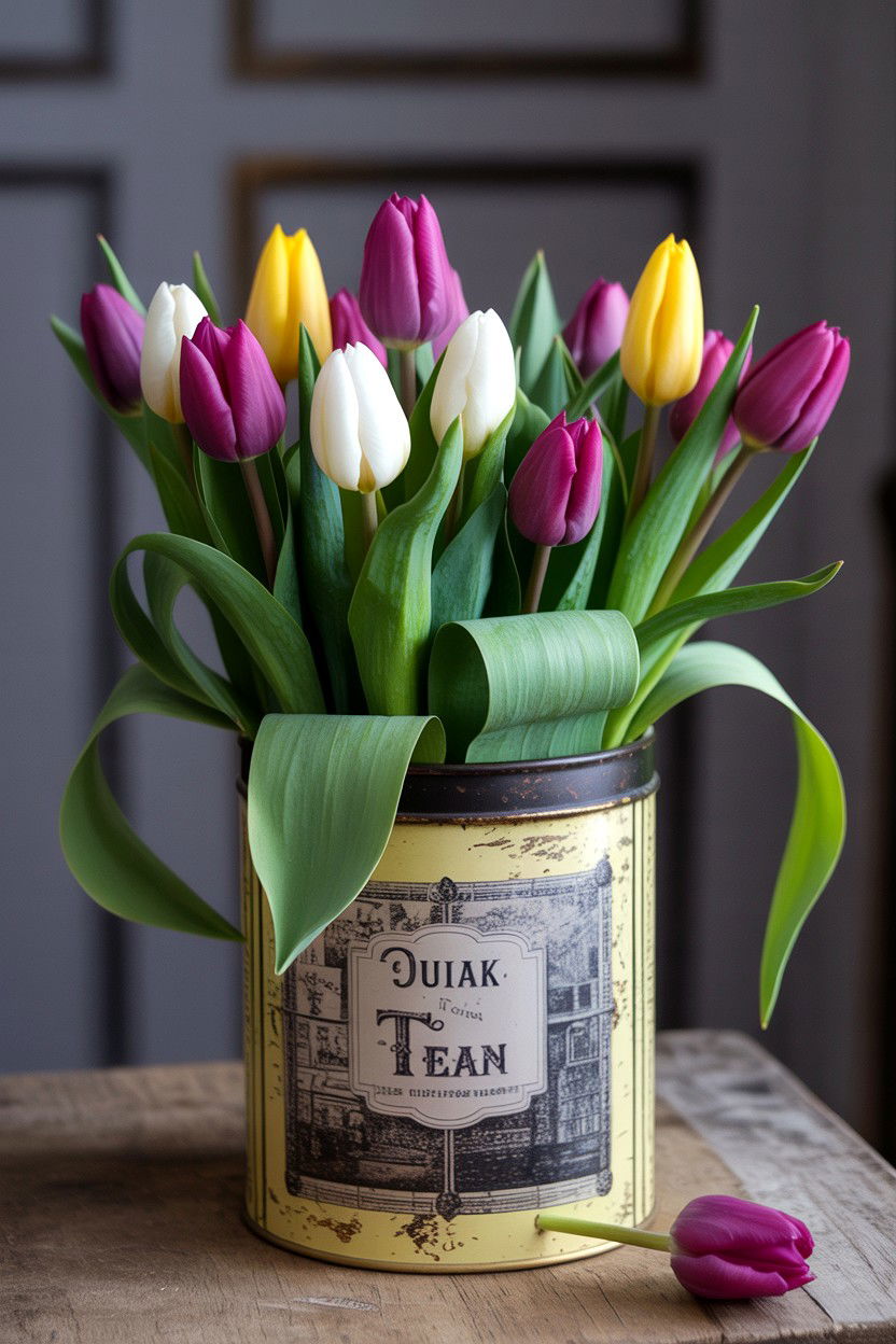 Tulips In Vintage Tea Tin - 25 Valentine's Day Tulip Arrangement Ideas
