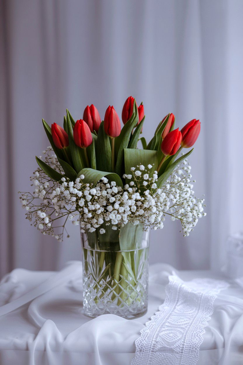 Tulips With Babys Breath - 25 Valentine's Day Tulip Arrangement Ideas