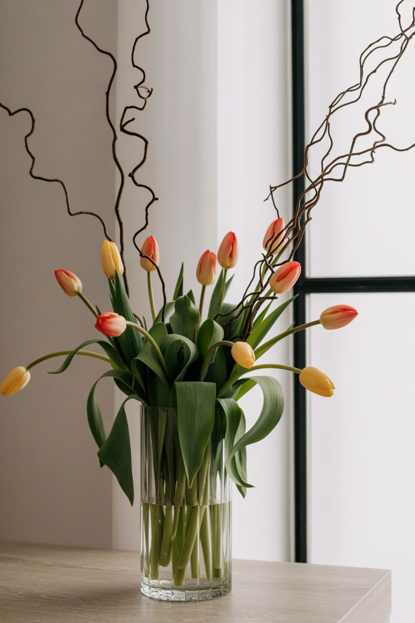 Tulips With Curly Willow Branches - 25 Valentine's Day Tulip Arrangement Ideas