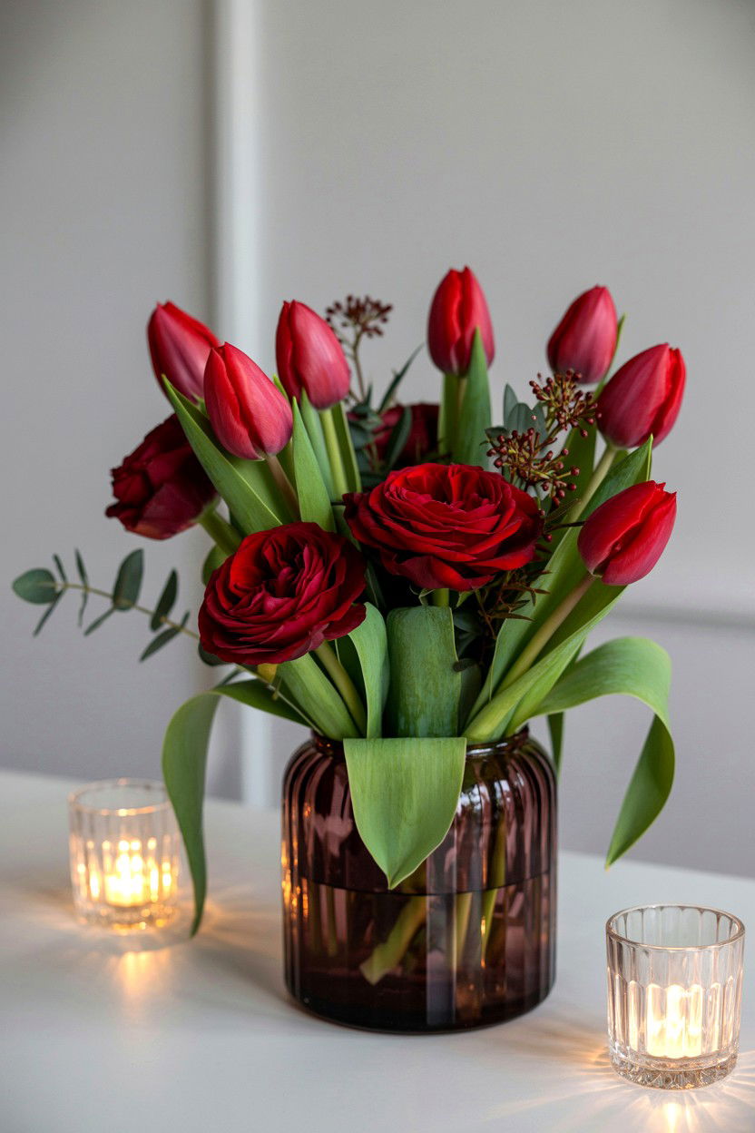 Tulips With Red Roses - 25 Valentine's Day Tulip Arrangement Ideas