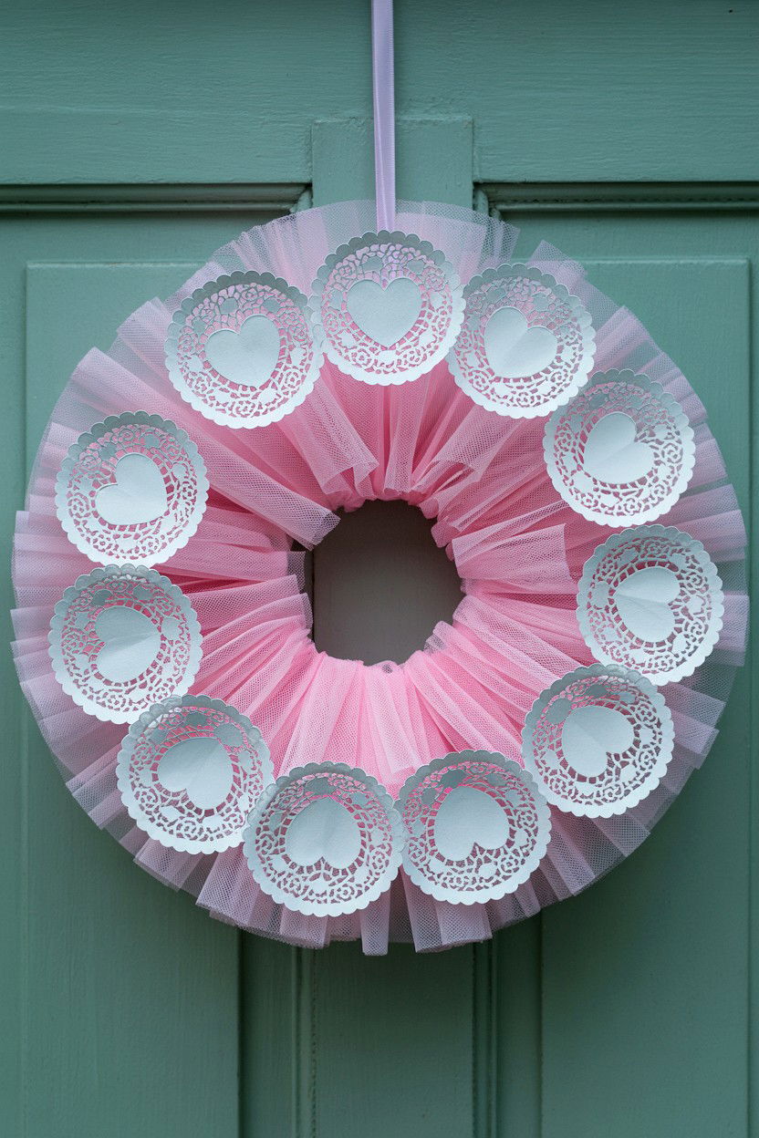 Tulle and doily wreath - 25 Vintage Valentine's Day Wreath Ideas