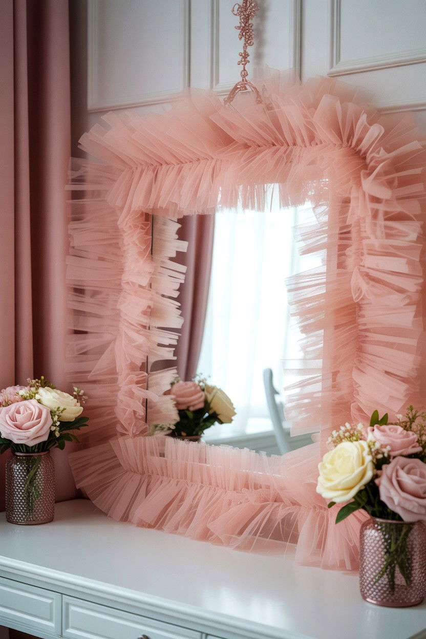 Tulle wrapped mirror frame - 25 Valentine's Day Mirror Decor Ideas