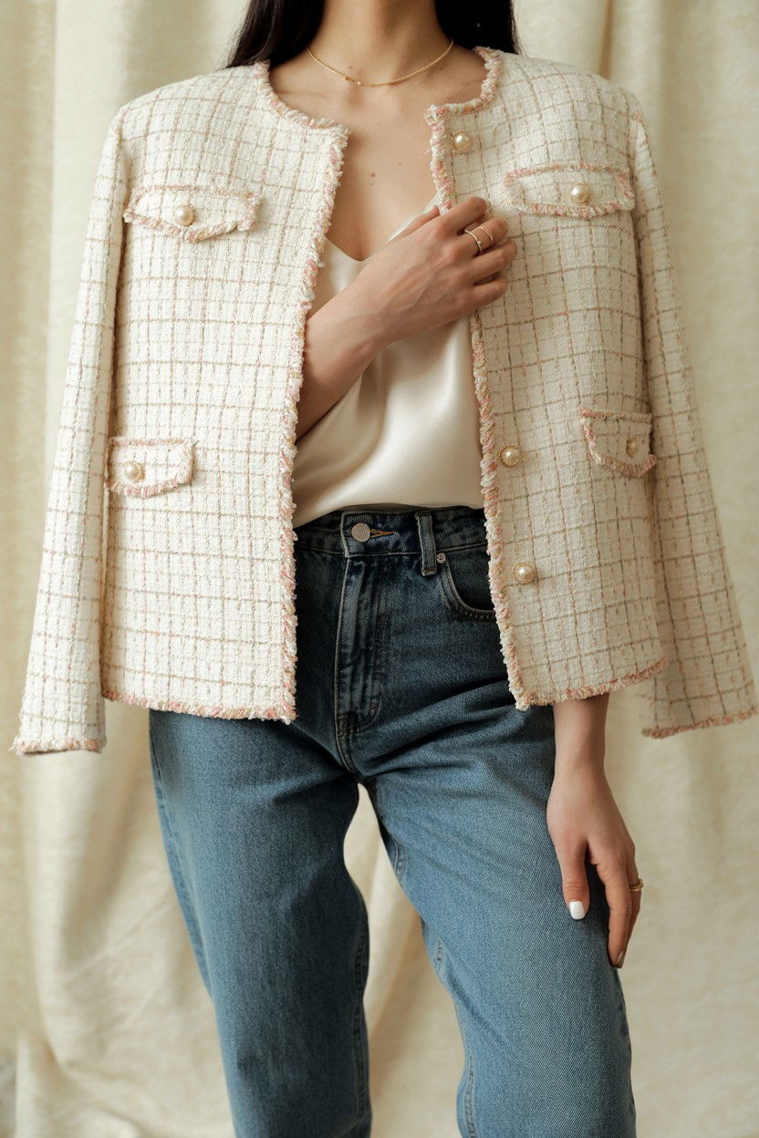 Tweed jacket and straight leg jeans - 25 Valentine's Day Quiet Luxury Outfits