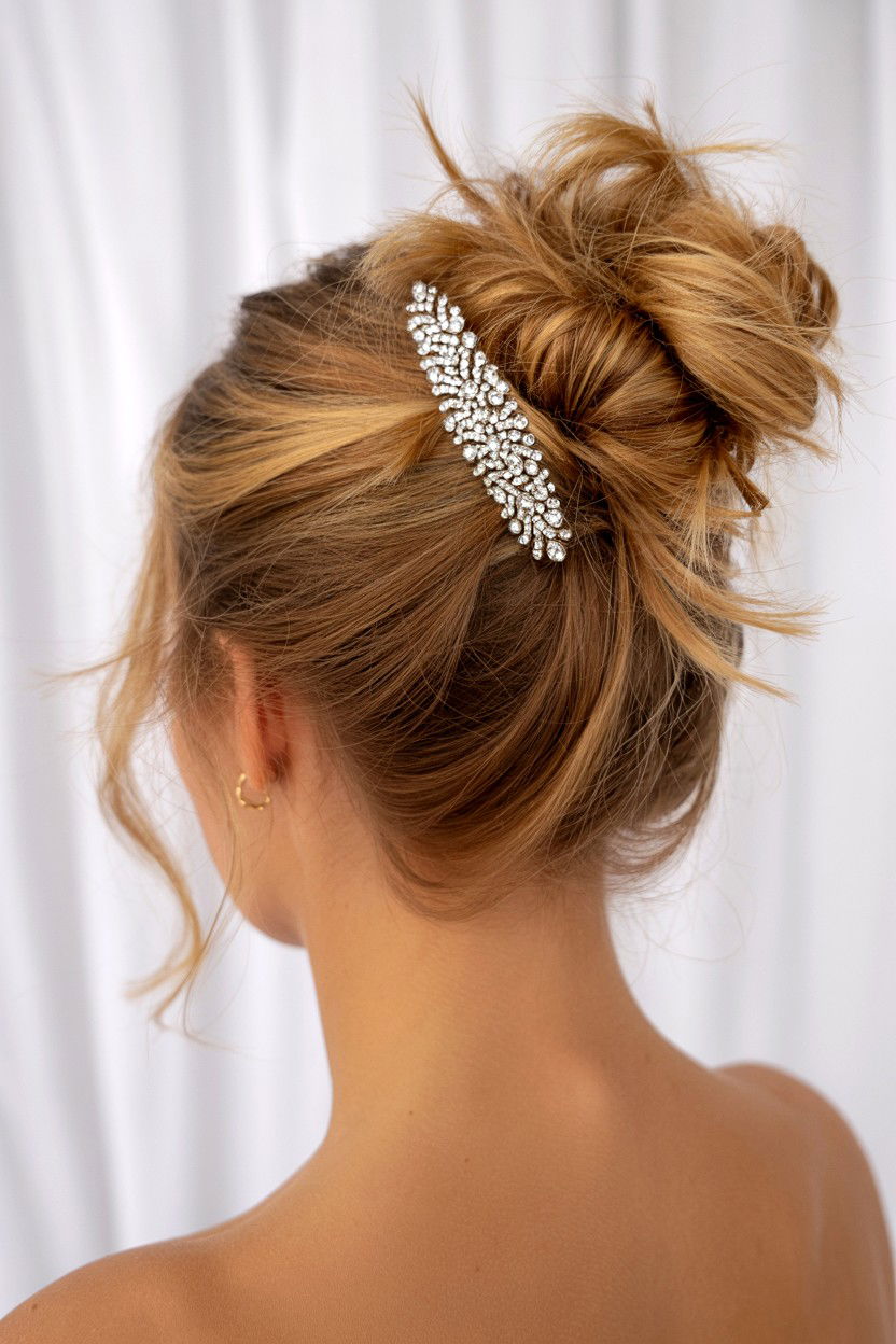Twisted Messy Bun With Jeweled Barrette - 25 Valentine's Day Messy Bun Ideas