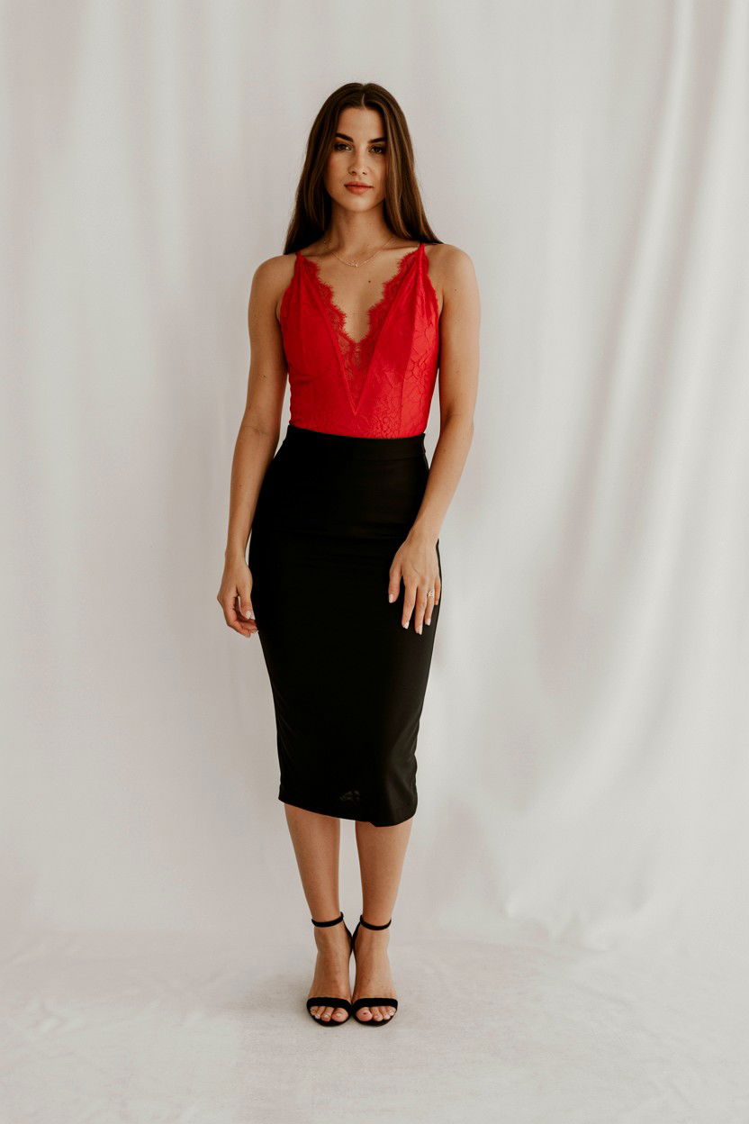 V Neck Bodysuit And Pencil Skirt - 25 Valentine's Day Bodysuit Outfits