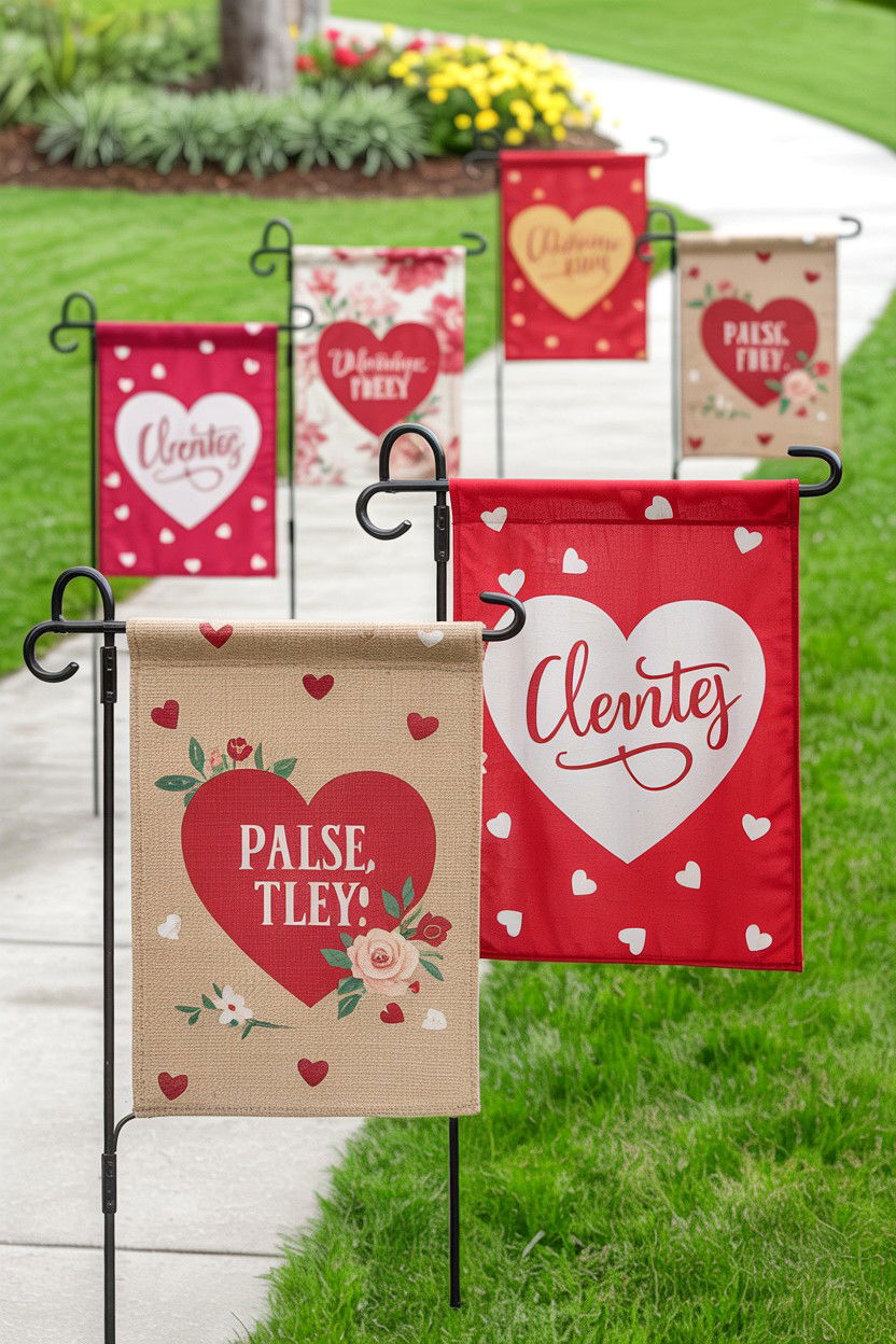 Valentine Garden Flags - 25 Valentine's Day Pathway Decoration Ideas