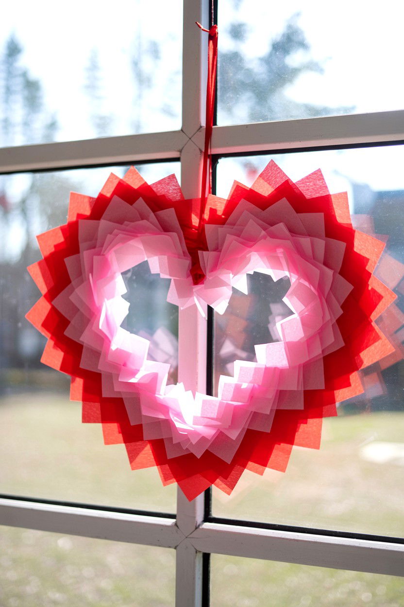 Valentine Tissue Paper Heart Suncatcher - 25 Valentine's Day Tissue Paper Ideas