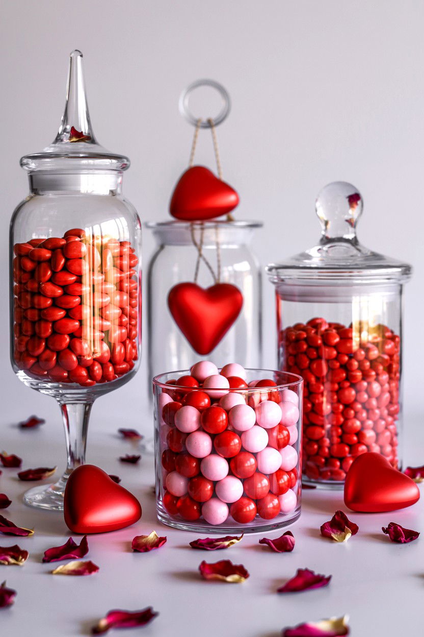 Valentine apothecary jars - 25 Valentine's Day Shelf Decor Ideas