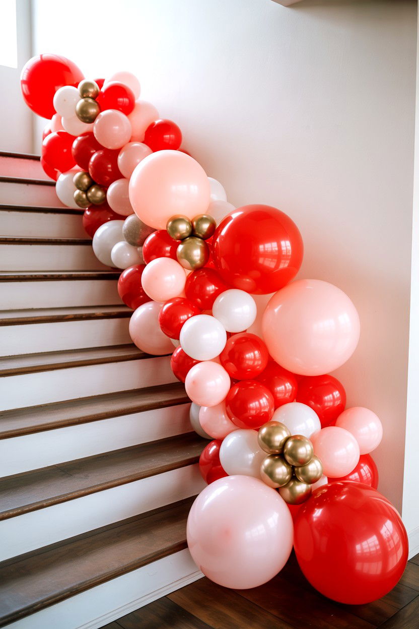 Valentine balloon garland for stairs - 25 Valentine's Day Staircase Decor Ideas