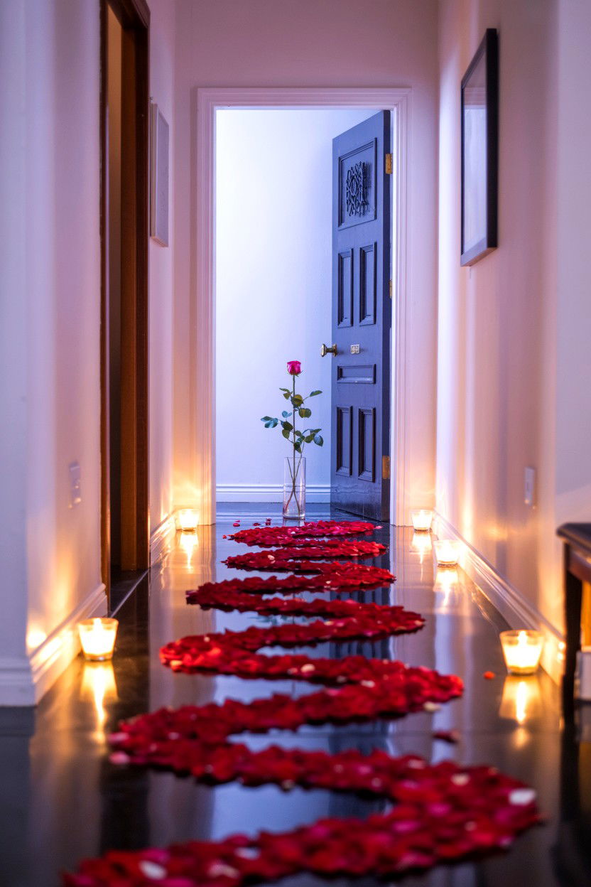 Valentine treasure hunt with rose petals - 25 Valentine's Day Treasure Hunt Ideas