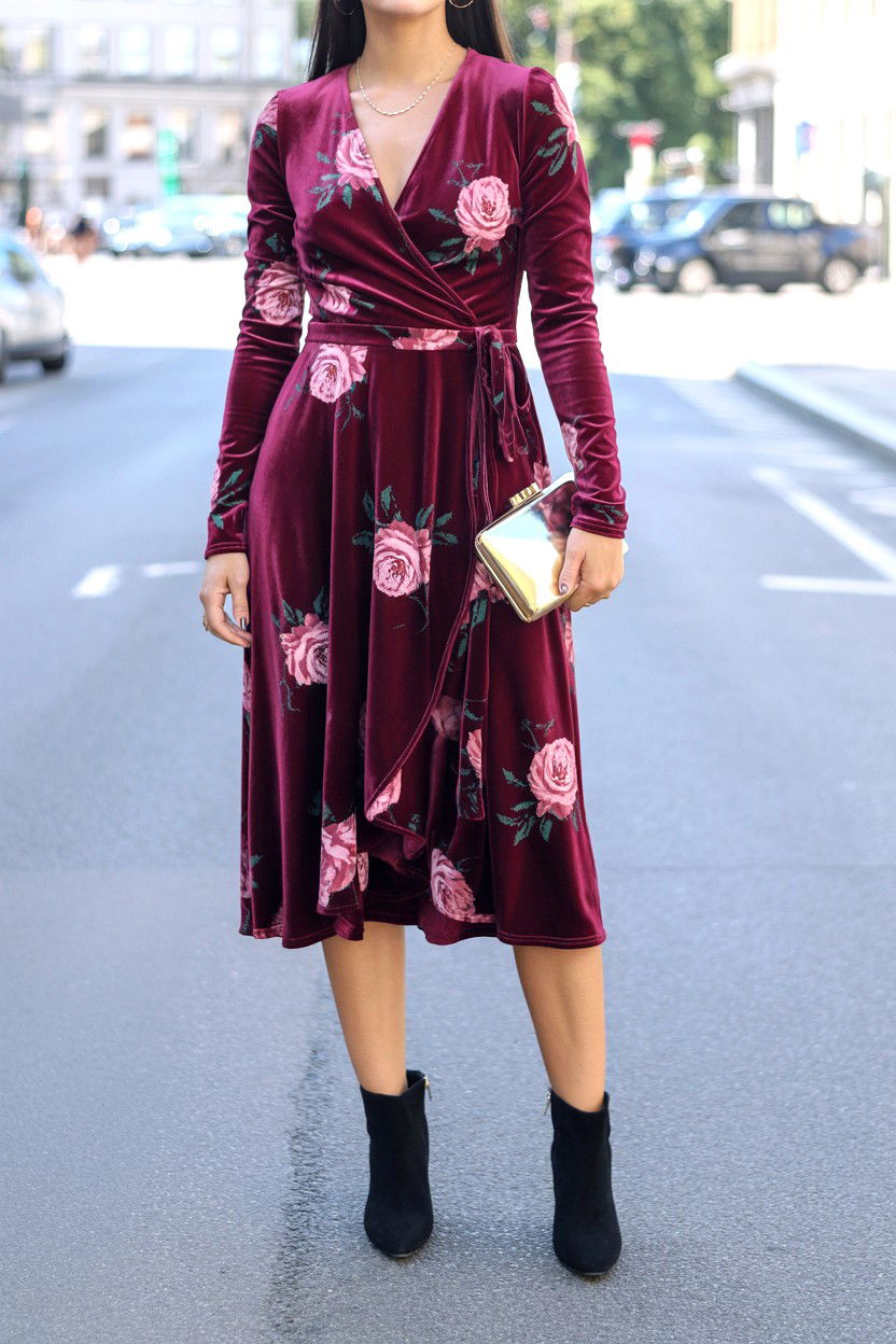 Velvet Floral Wrap Dress - 25 Valentine's Day Boho Outfits