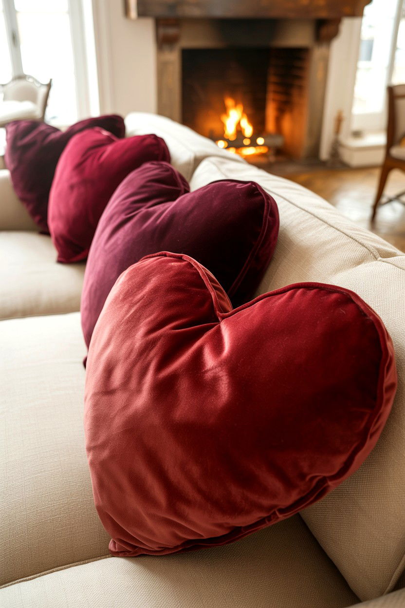 Velvet Heart Cushions - 25 Cottagecore Valentine's Day Decor Ideas