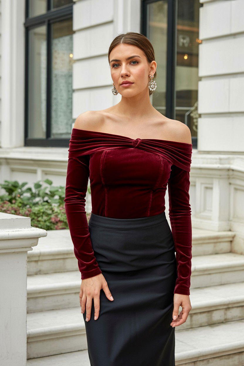 Velvet Off The Shoulder Top - 25 Valentine's Day Velvet Outfit Ideas